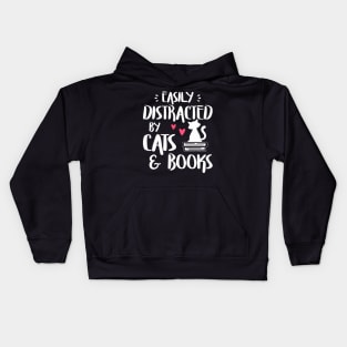 Easily Distracted by Cats and Books Cat Book Lover Kids Hoodie